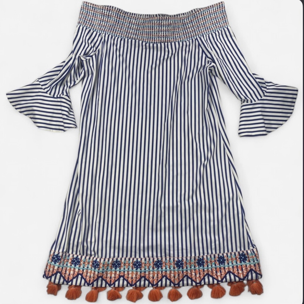 Cabana Life St Barts Off Shoulder Dress L Blue Stripe Peach Tassel Resort